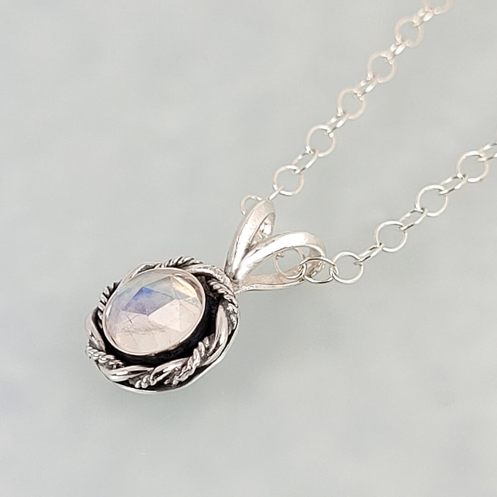 dainty rainbow moonstone necklace in sterling silver, vintage style