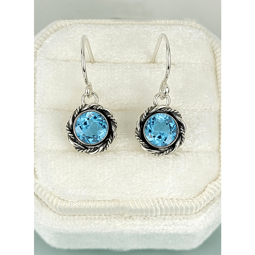 Swiss blue topaz earrings in sterling silver, vintage style drop earrings