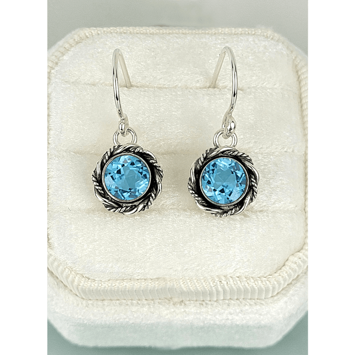 Swiss blue topaz earrings in sterling silver, vintage style drop earrings