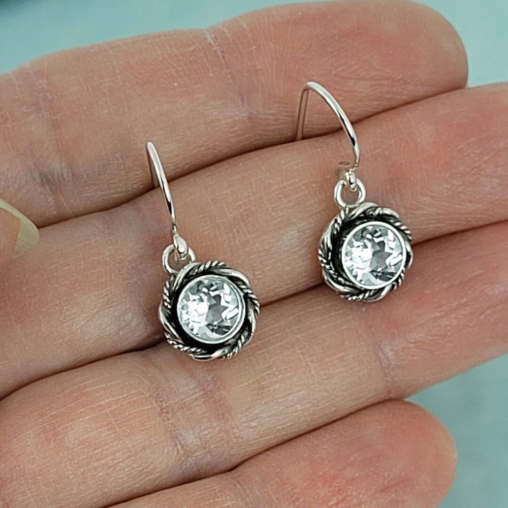 white topaz earrings in sterling silver, vintage style drop earrings