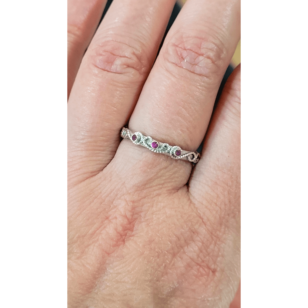 vintage-inspired scrollwork ruby ring band in sterling silver