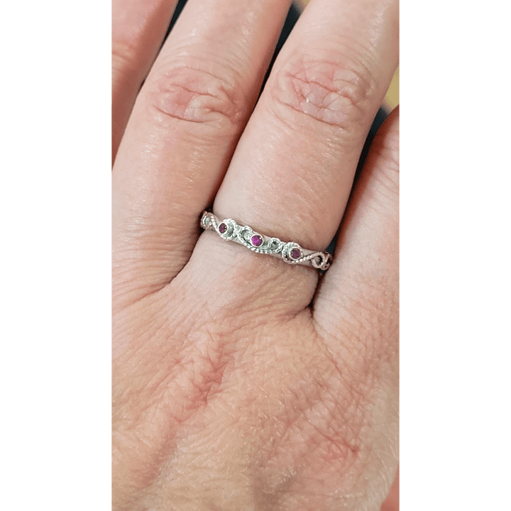 vintage-inspired scrollwork ruby ring band in sterling silver