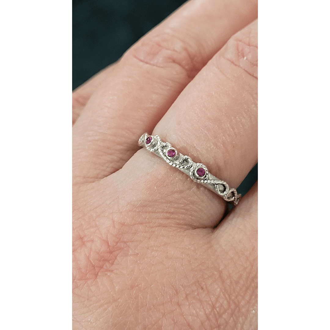 vintage-inspired scrollwork ruby ring band in sterling silver