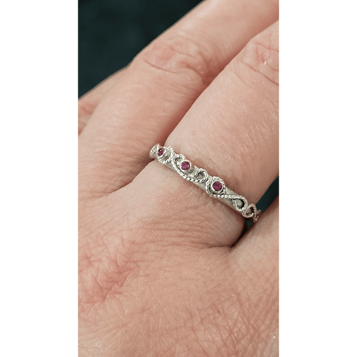 vintage-inspired scrollwork ruby ring band in sterling silver