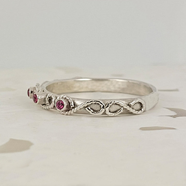 vintage-inspired scrollwork ruby ring band in sterling silver