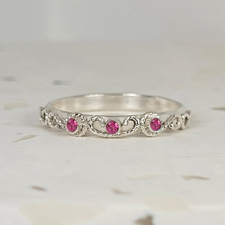 vintage-inspired scrollwork ruby ring band in sterling silver