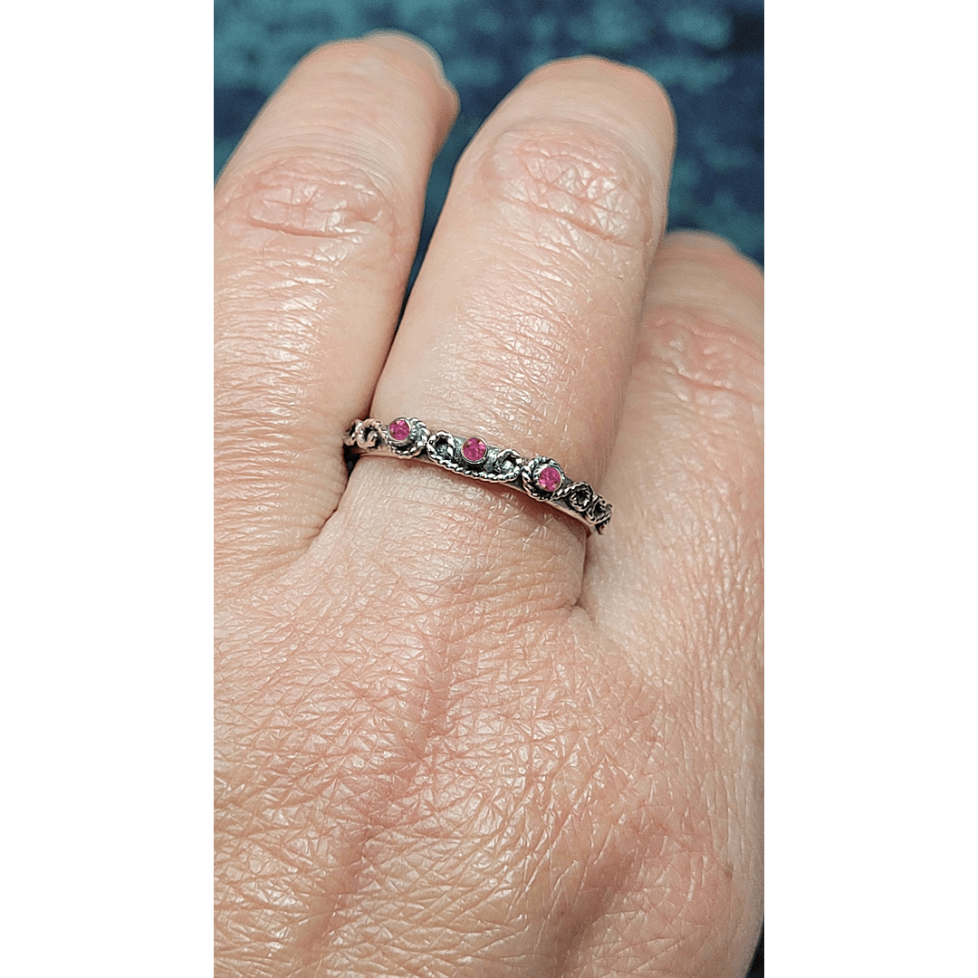 vintage-inspired scrollwork ruby ring band in sterling silver