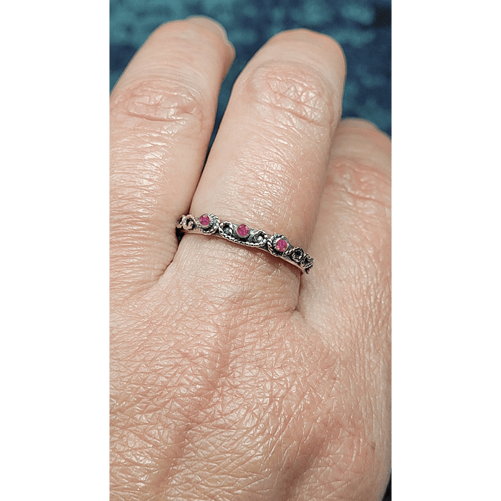 vintage-inspired scrollwork ruby ring band in sterling silver