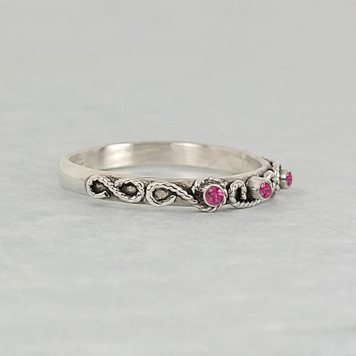 vintage-inspired scrollwork ruby ring band in sterling silver