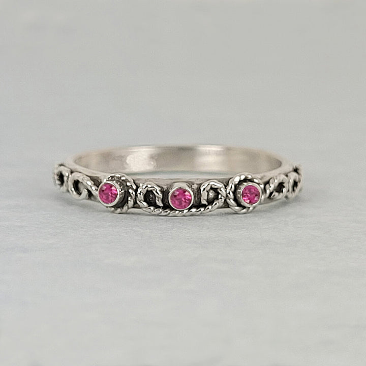 vintage-inspired scrollwork ruby ring band in sterling silver