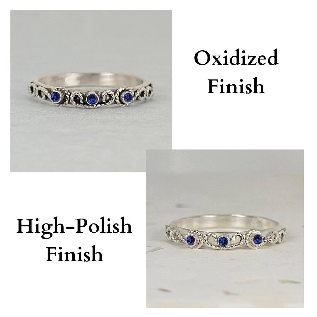 vintage-inspired scrollwork blue sapphire ring band finishes