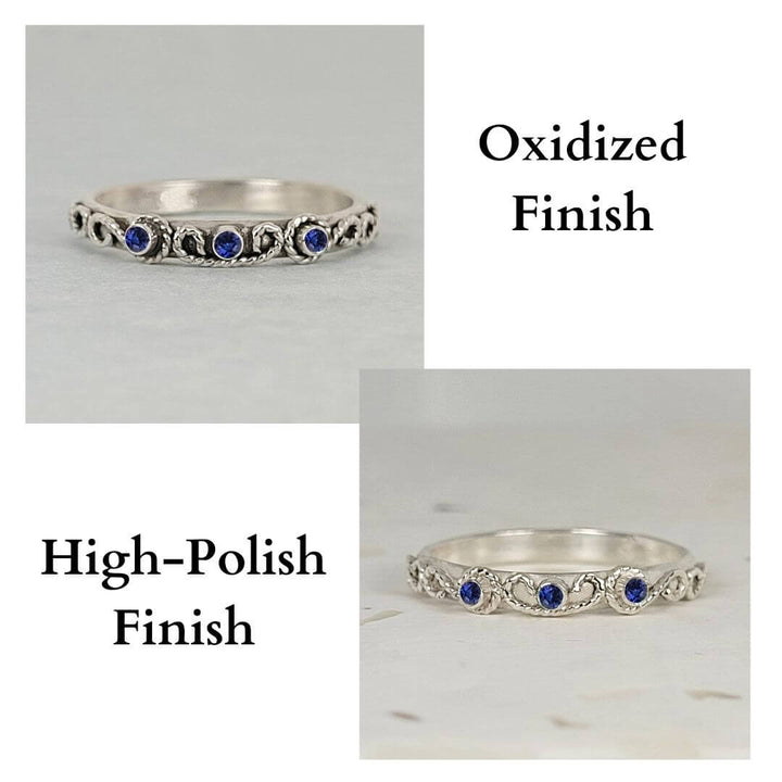 vintage-inspired scrollwork blue sapphire ring band finishes