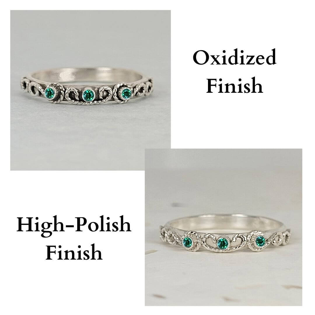 vintage-inspired scrollwork emerald ring band finishes