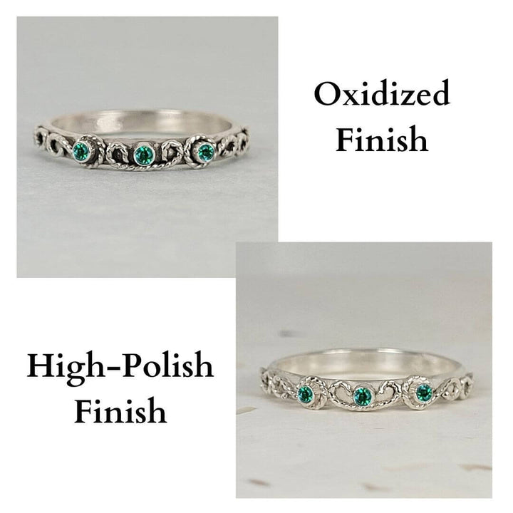 vintage-inspired scrollwork emerald ring band finishes