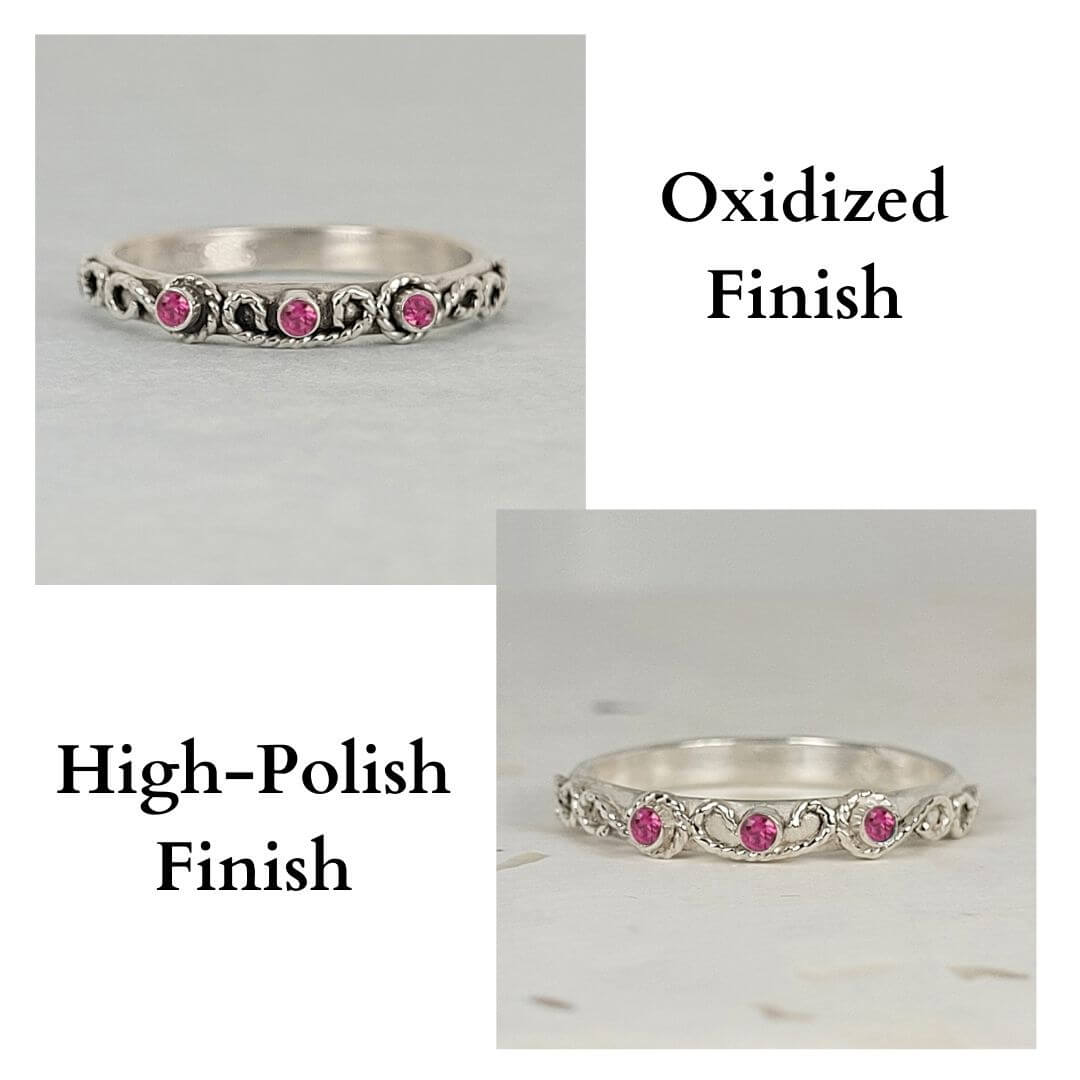 vintage-inspired scrollwork ruby ring band finishes