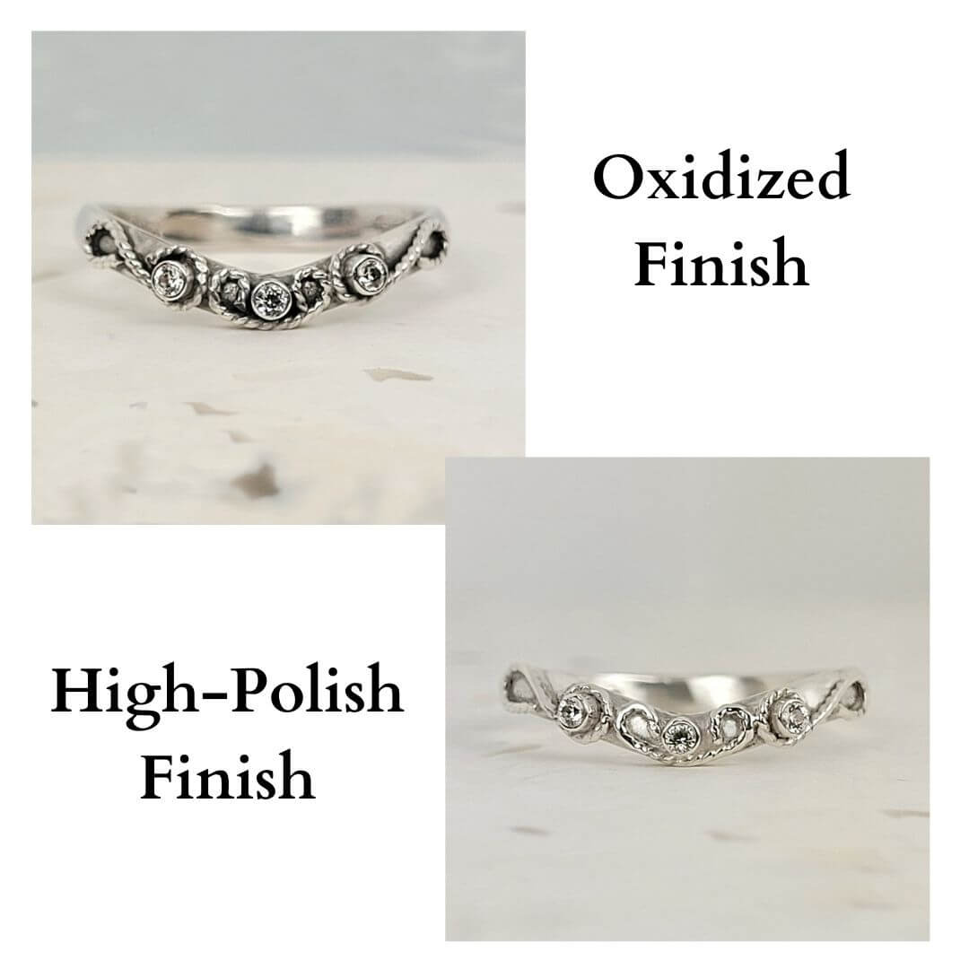 vintage-inspired scrollwork white sapphire curved ring band finishes