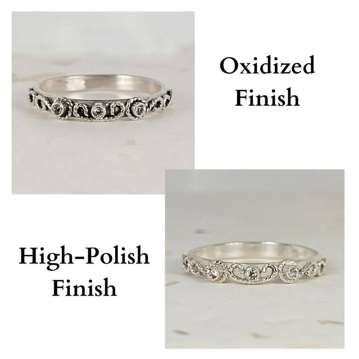 vintage-inspired scrollwork white sapphire ring band finishes