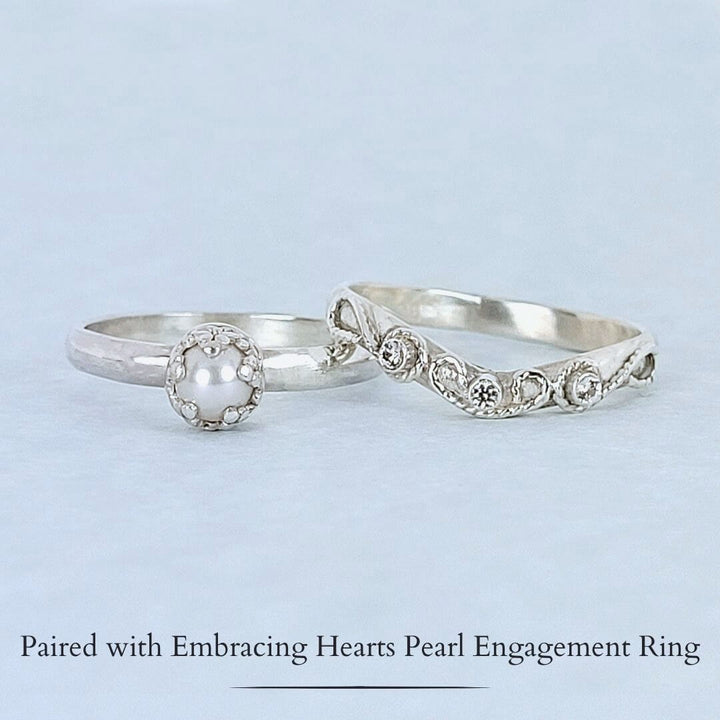 Sterling silver heart-crown pearl engagement ring and vintage style scrollwork white sapphire curved wedding band bridal set