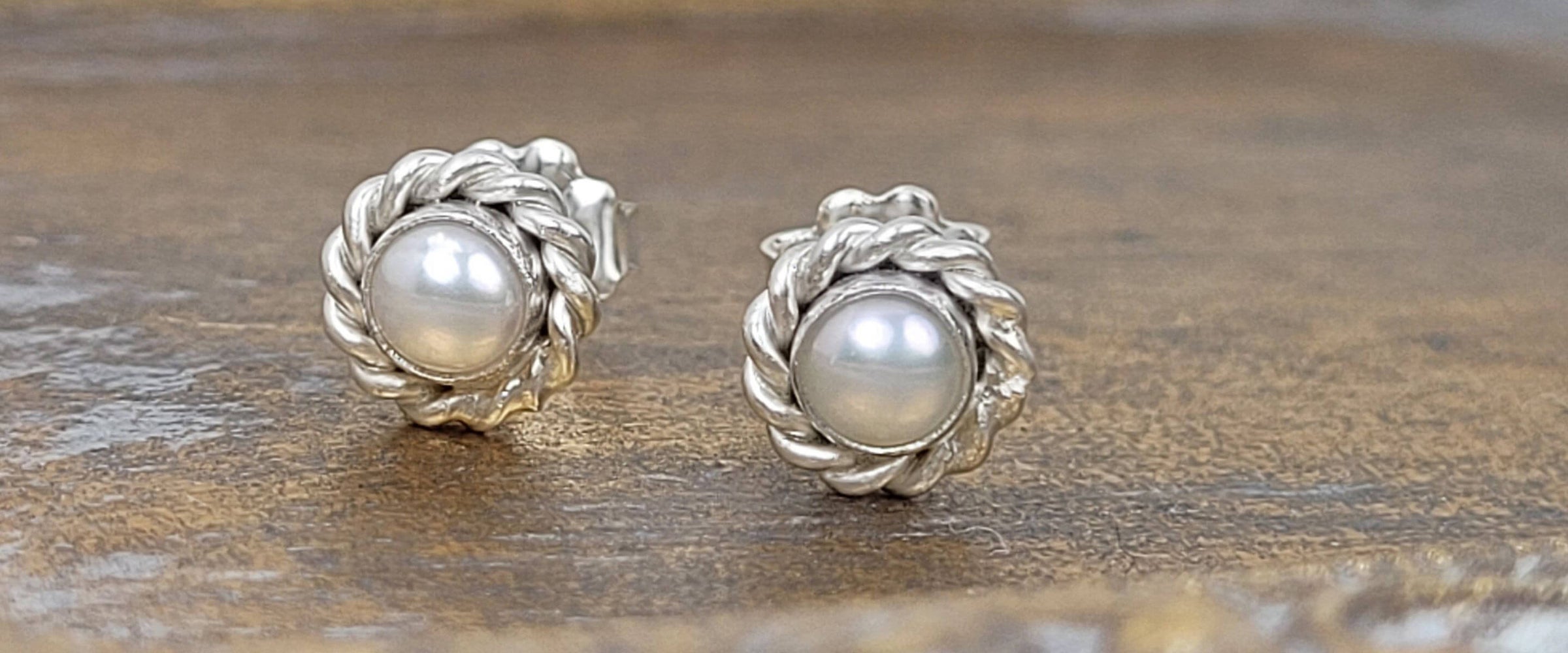 vintage style pearl stud earrings in rope halos in sterling silver - handmade earrings by Kryzia Kreations