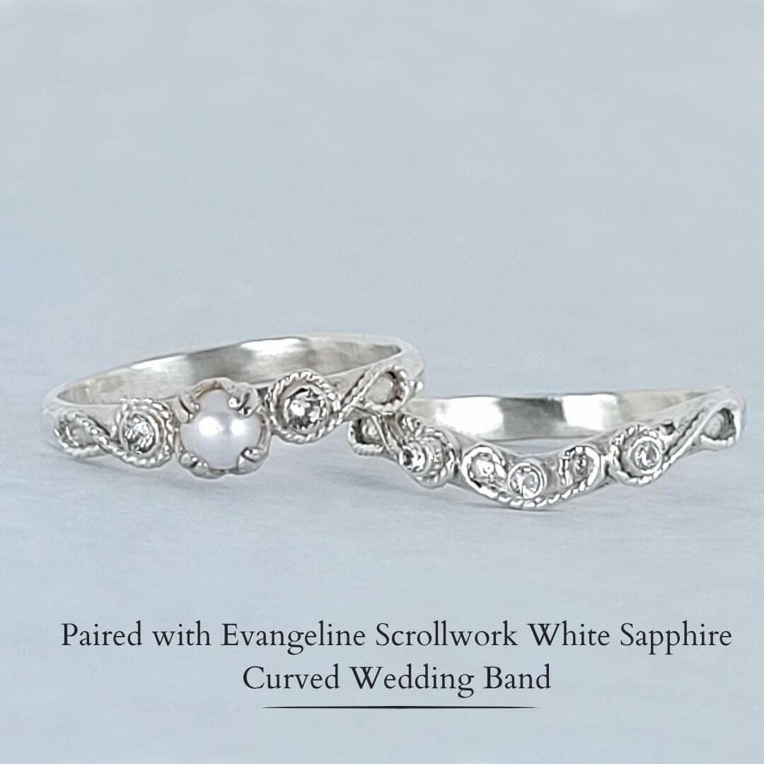 vintage style scrollwork pearl and white sapphire engagement ring and matching scrollwork white sapphire curved wedding band bridal ring set in sterling silver