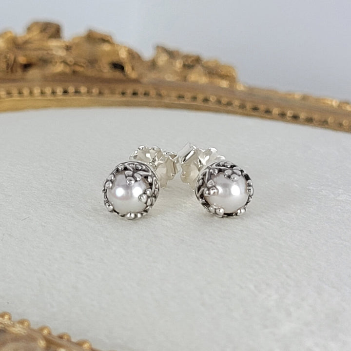 Edwardian vintage style petite pearl stud earrings in sterling silver for wedding