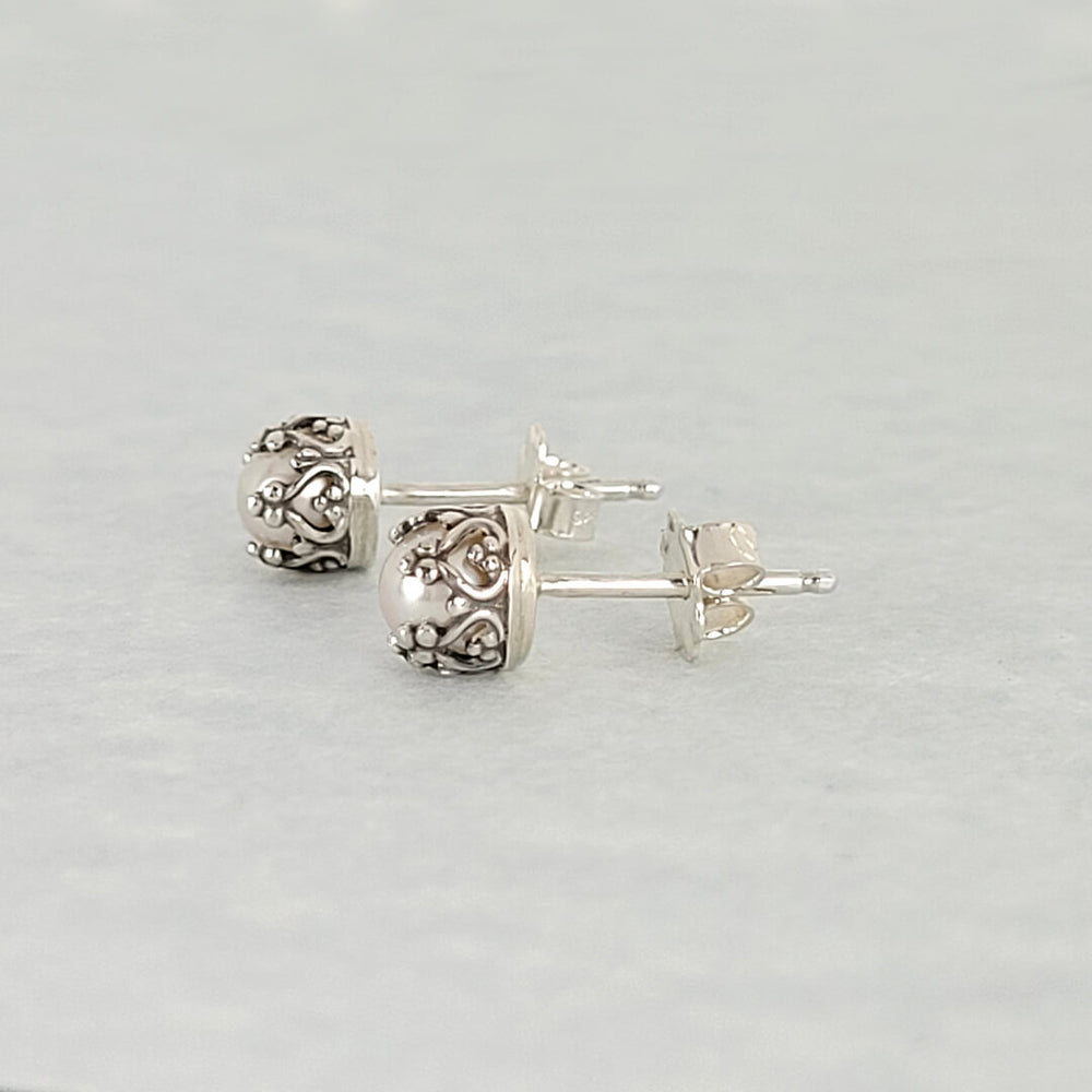 Edwardian vintage style petite pearl stud earrings in sterling silver side view
