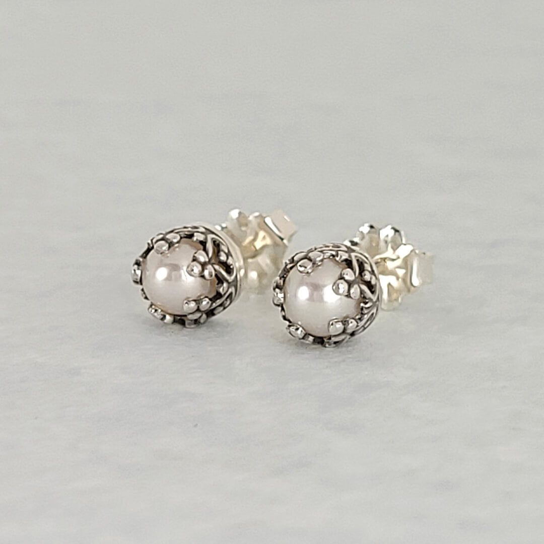 Vintage style small pearl stud earrings in sterling silver for bride