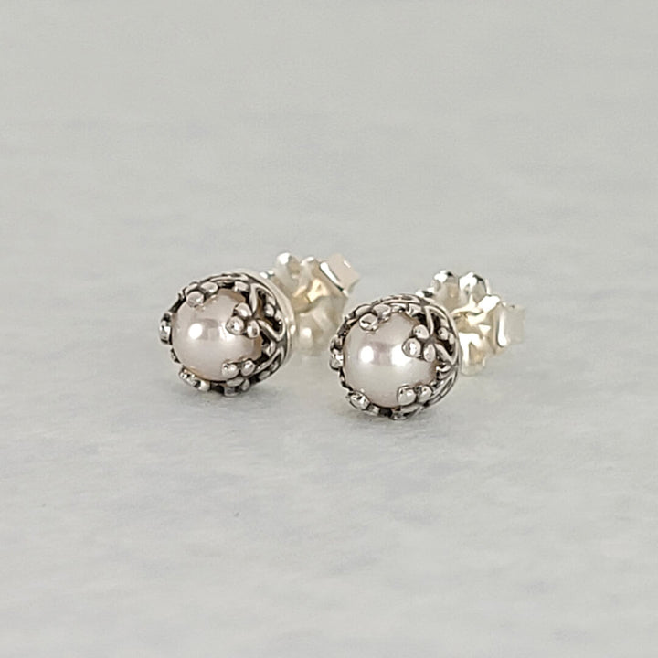 Vintage style small pearl stud earrings in sterling silver for bride