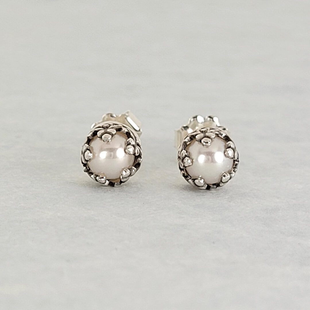 Edwardian vintage style petite pearl stud earrings in sterling silver