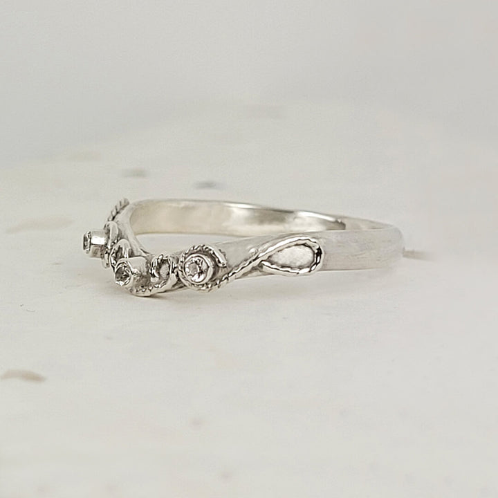Scrollwork Curved Wedding Band with White Sapphires in Sterling Silver