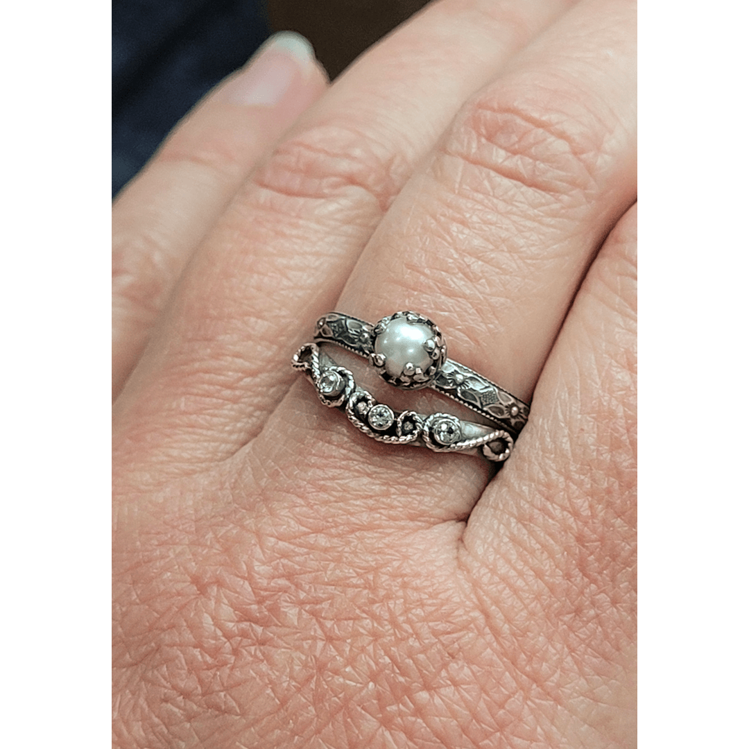 Scrollwork Curved Wedding Band with White Sapphires, Oxidized Sterling Silver with Petite Edwardian Pearl Engagement Ring