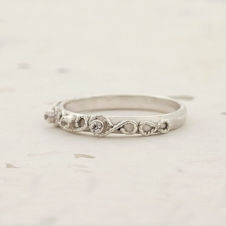 Scrollwork Ring Band with White Sapphires Sterling Silver
