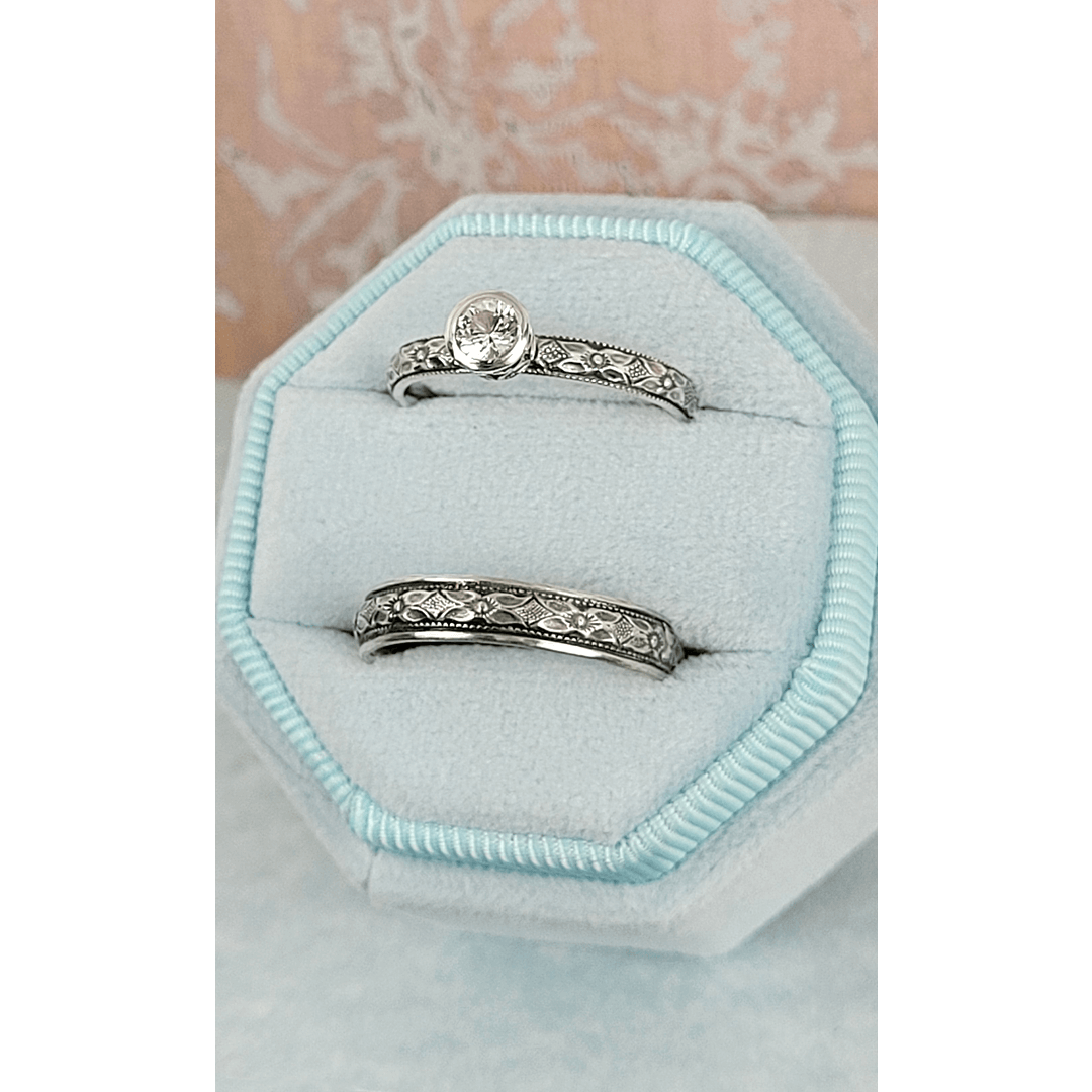 Vintage style white sapphire engagement ring and matching wedding band in sterling silver in velvet box