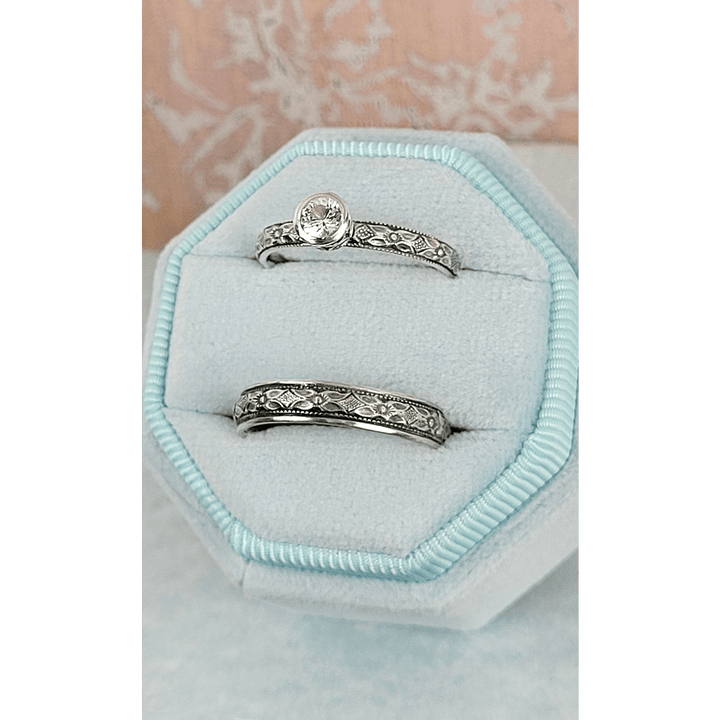 Vintage style white sapphire engagement ring and matching wedding band in sterling silver in velvet box