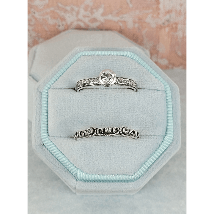 Vintage style white sapphire engagement ring and scrollwork white sapphire wedding band set in sterling silver in velvet box