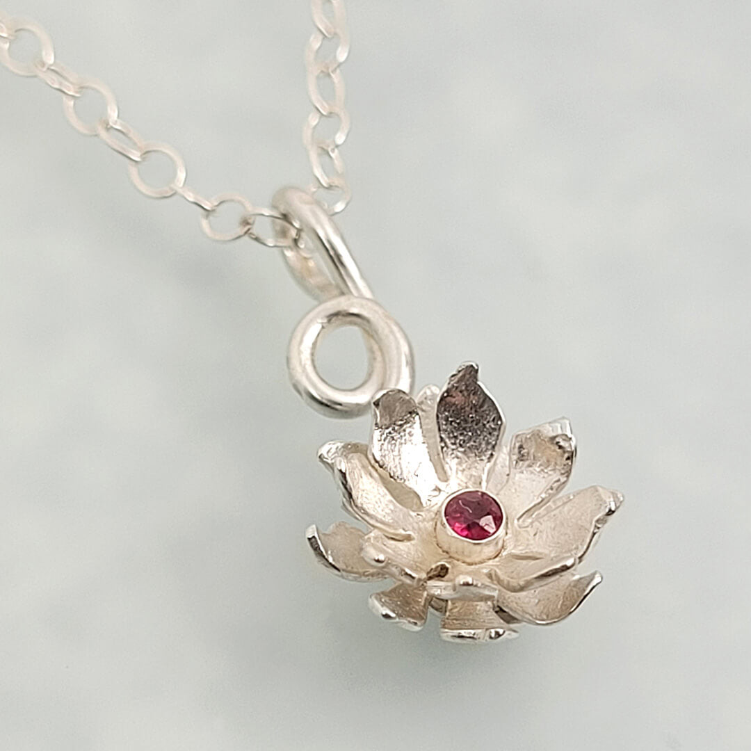 silver lily flower necklace Water Lily Necklace with Ruby, Sterling Silver