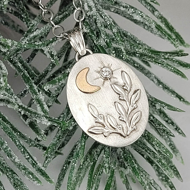 Floral Crescent Moon Necklace with White Sapphire Star