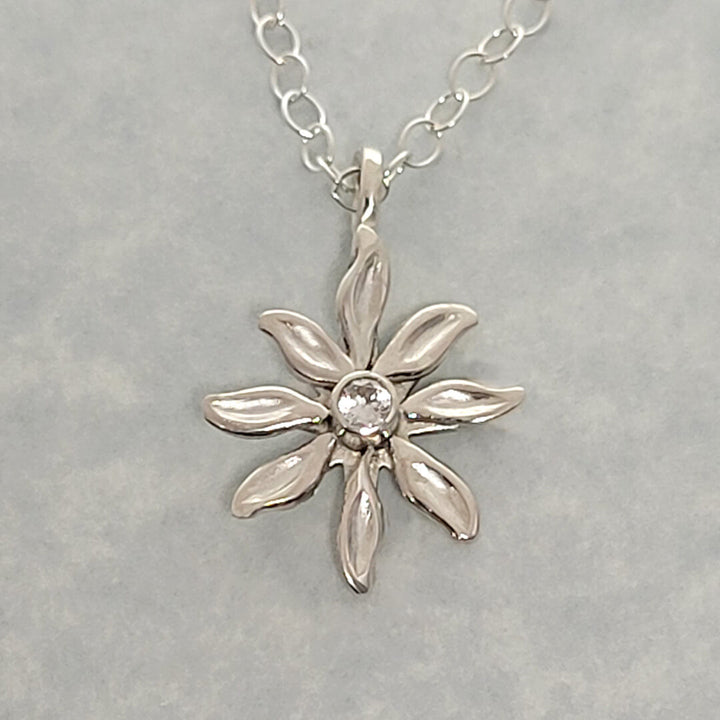 White Sapphire North Star Necklace with Leaves in Sterling Silver