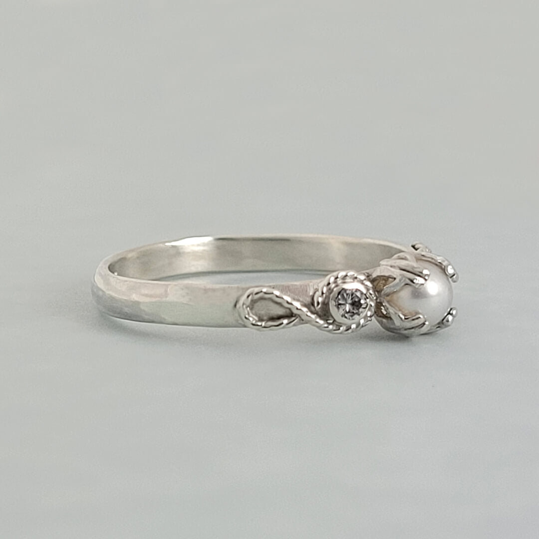 Vintage Style Scrollwork Pearl Engagement Ring with White Sapphires in Sterling Silver side view