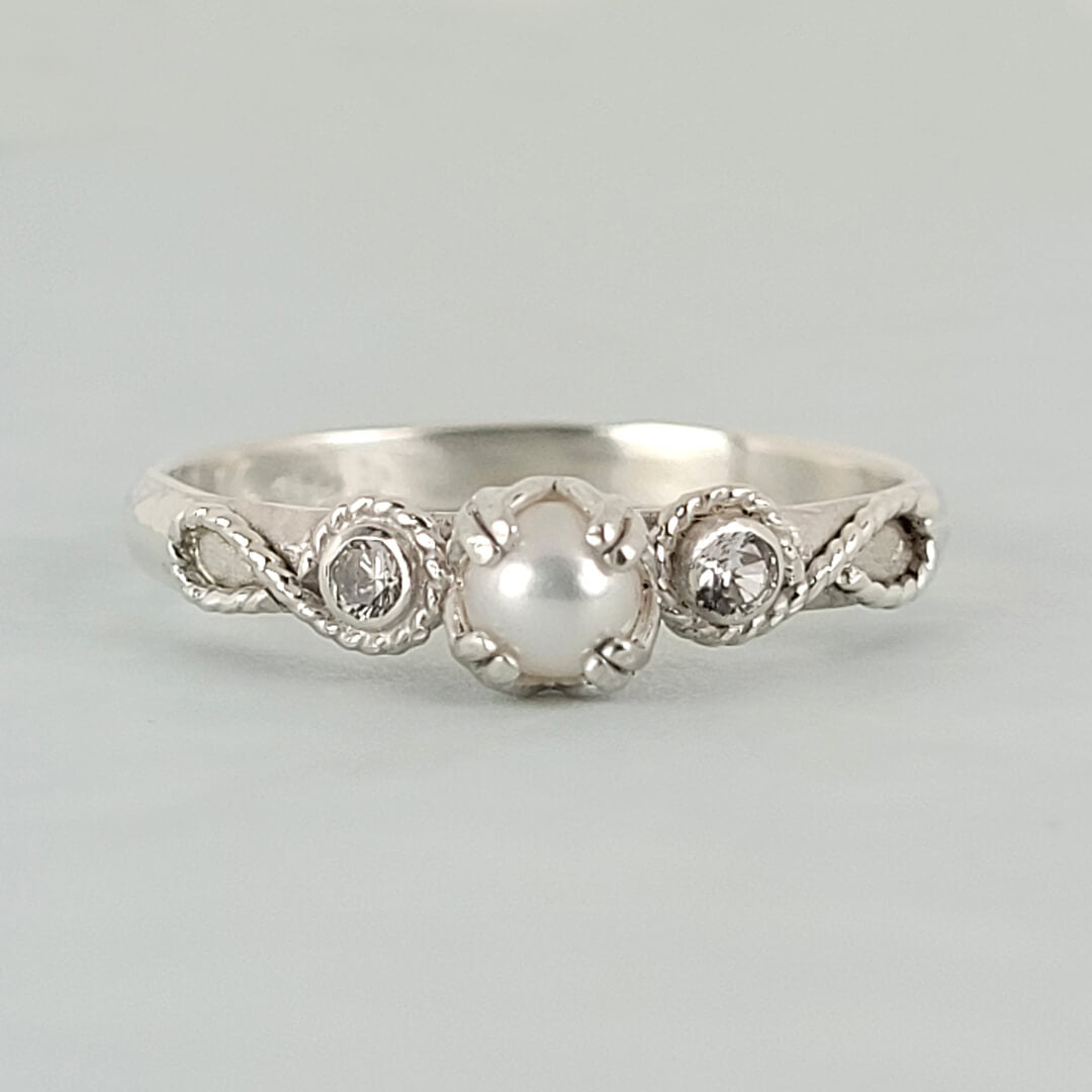 Vintage Style Scrollwork Pearl Engagement Ring with White Sapphires in Sterling Silver