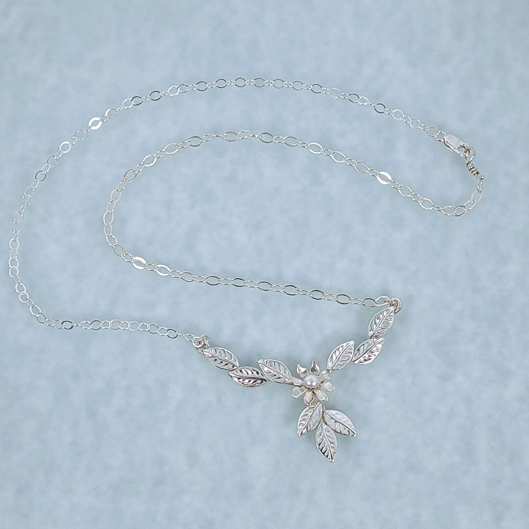 Sterling Silver Leaves and Flower Wedding Necklace 