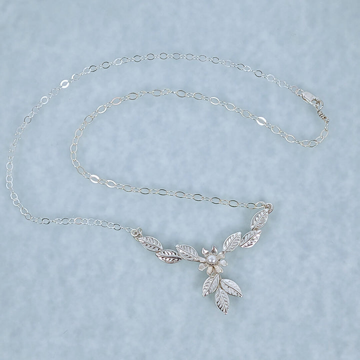 Sterling Silver Leaves and Flower Wedding Necklace 