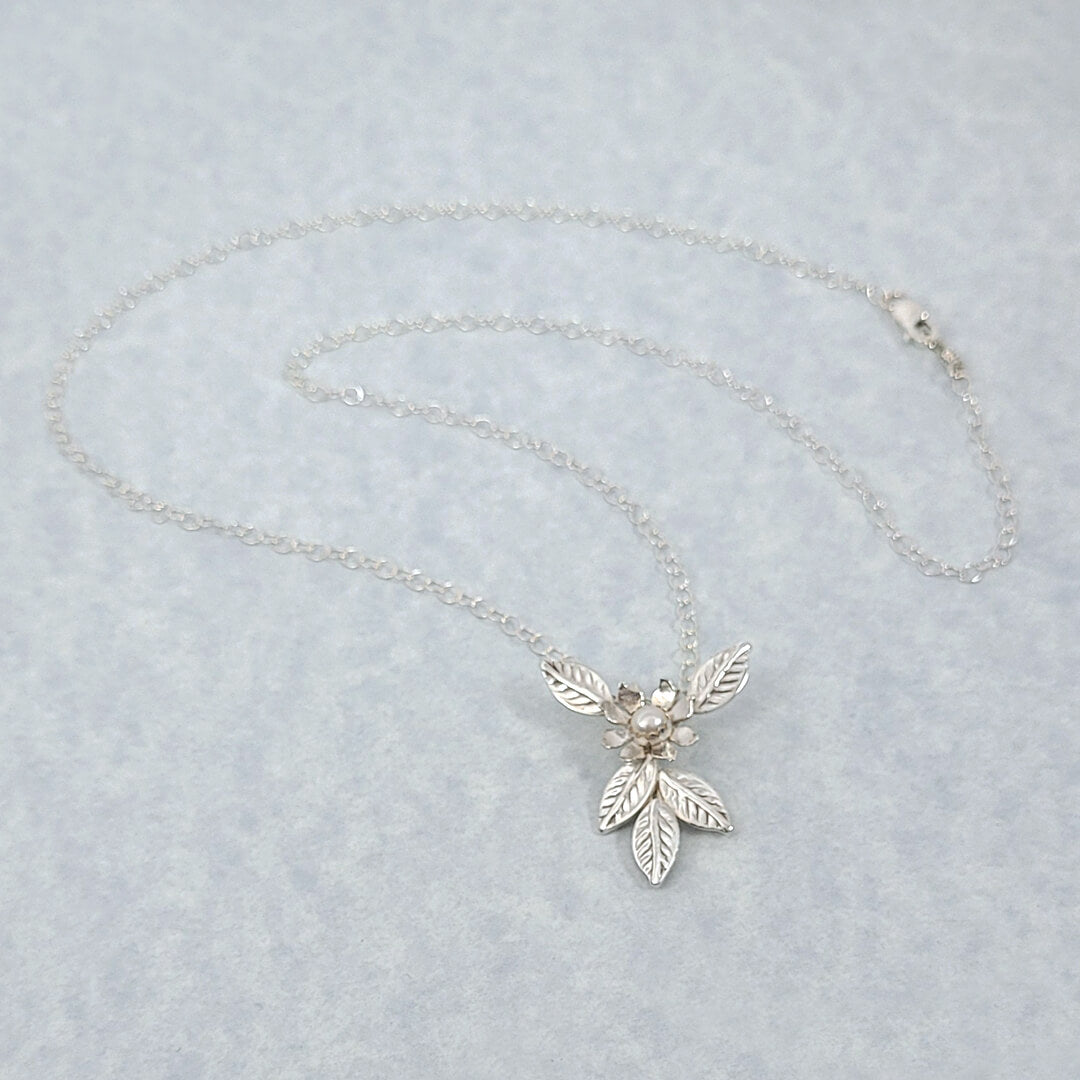Wild Flower Pendant Necklace in Sterling Silver with Freshwater Pearl for Wedding