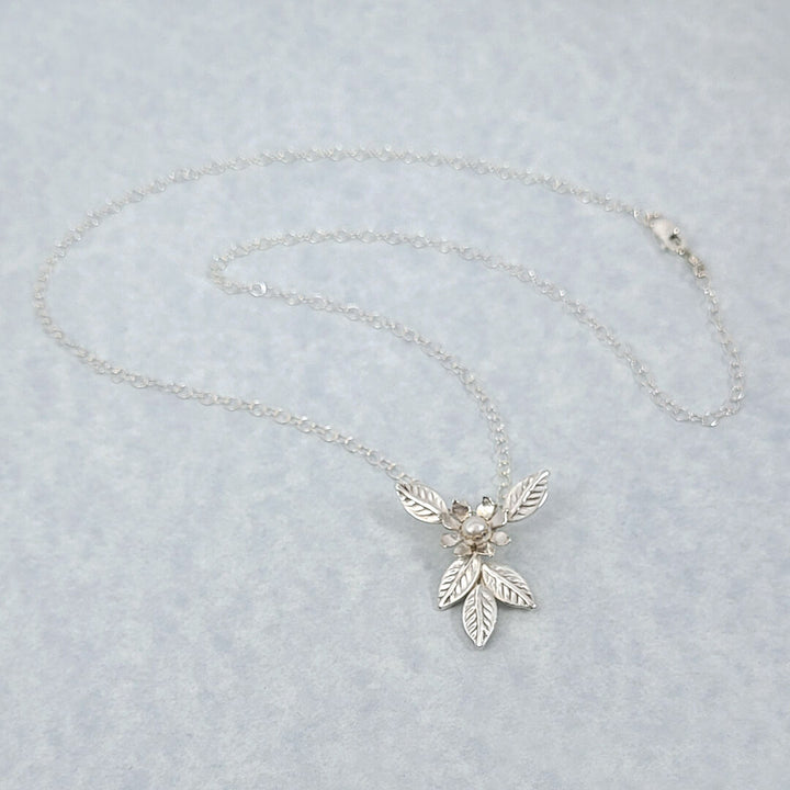 Wild Flower Pendant Necklace in Sterling Silver with Freshwater Pearl for Wedding