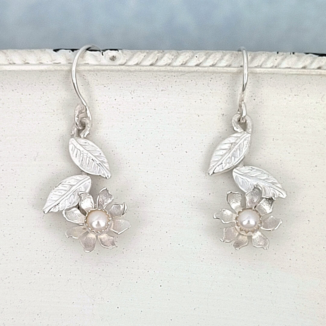 wedding jewelry wild flower earrings in sterling silver set with pearls 