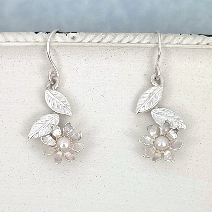 wedding jewelry wild flower earrings in sterling silver set with pearls 