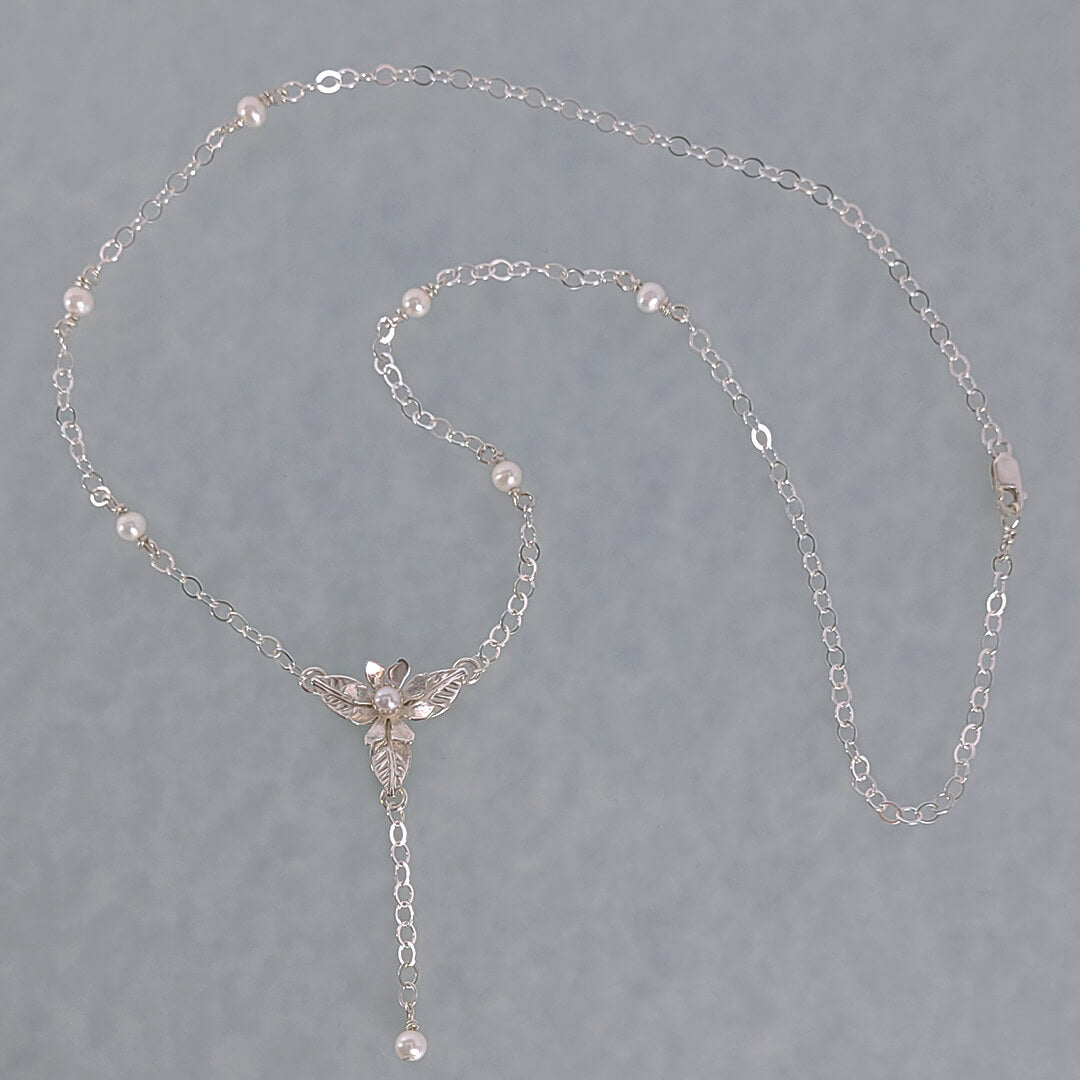 White Wildflower Lariat Necklace in Sterling Silver with Freshwater Pearls