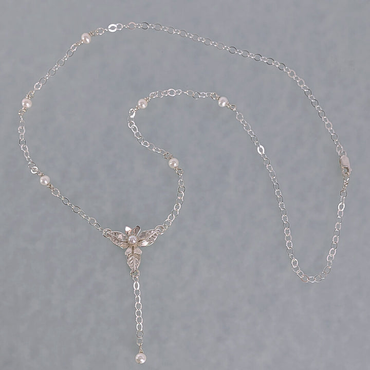 White Wildflower Lariat Necklace in Sterling Silver with Freshwater Pearls