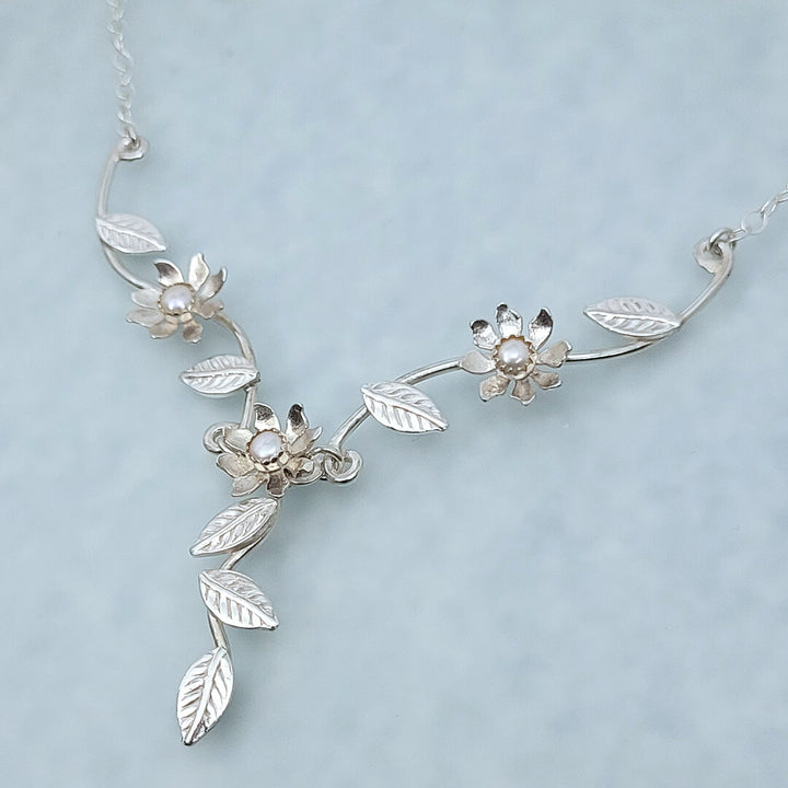 Wild Flower Vine Necklace in Sterling Silver with Freshwater Pearls for Bride