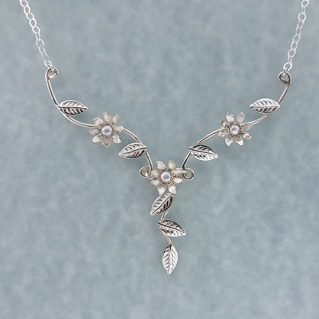 Wild Flower Vine Necklace in Sterling Silver with Freshwater Pearls